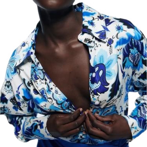 NWT Zara Navy Aqua Blue & White Floral Satin Button Down Blouse - L - Picture 3 of 16